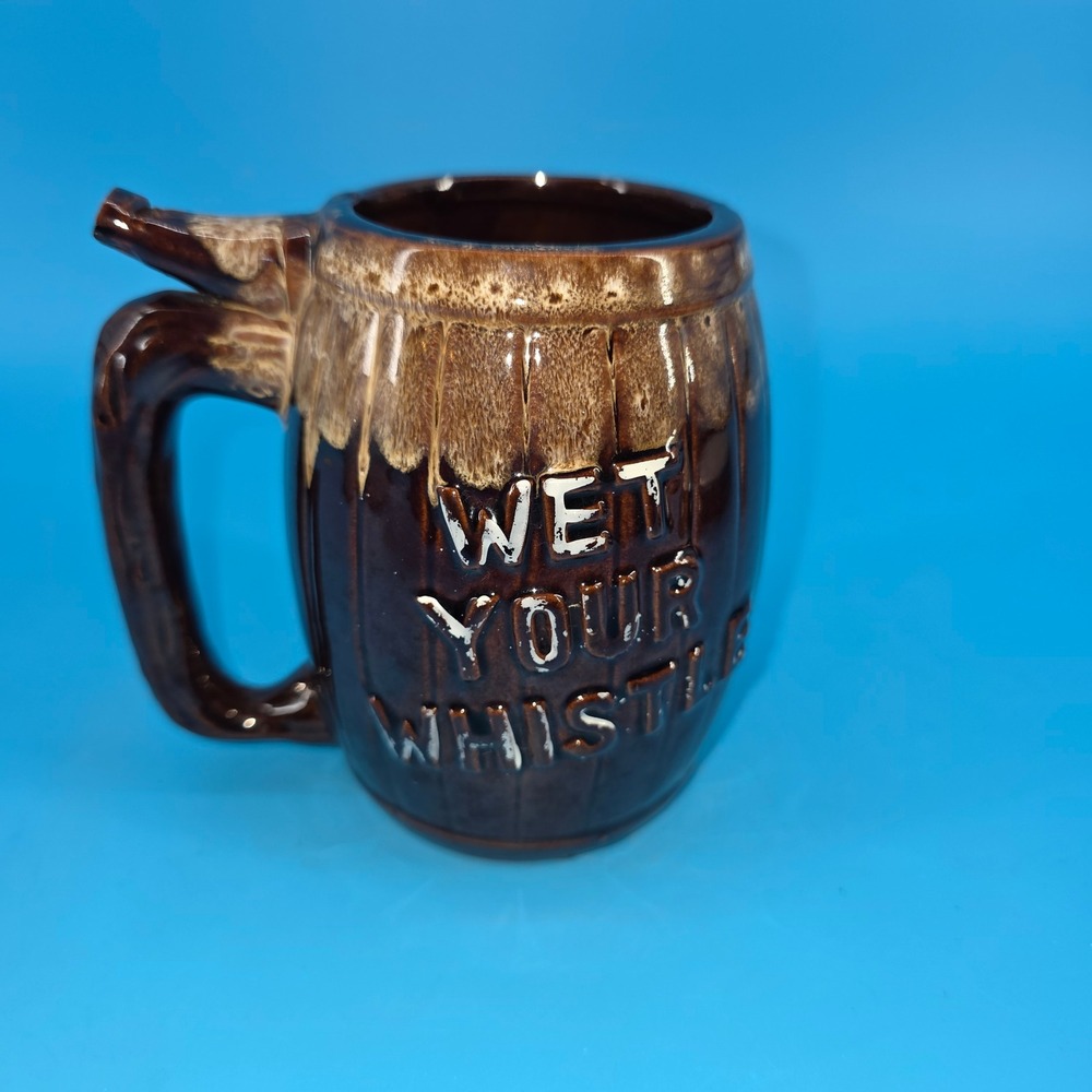 Vintage‎ Wet Your Whistle Ceramic Mug Whistle in handle Beer Stein Drip Glaze